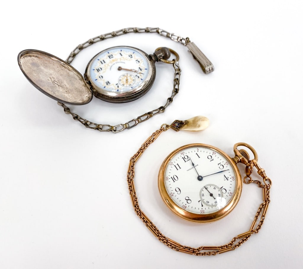 (2) WALTHAM CO. POCKET WATCHES: Both signed on face and on movement. Includes a 10k gold filled watch and a silver watch marked 1898 on back. Serial numbers are 2540210 and 5792079. Dimensions: (Each) Dia 2" Condition: Both untested