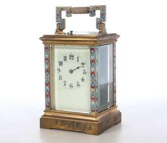 FRENCH CHAMPLEVE ENAMEL & BRASS CARRIAGE CLOCK