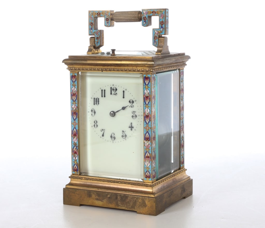 FRENCH CHAMPLEVE ENAMEL & BRASS CARRIAGE CLOCK (1 of 13)