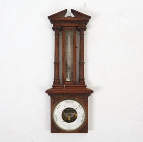 ANTIQUE OAK BAROMETER & THERMOMETER