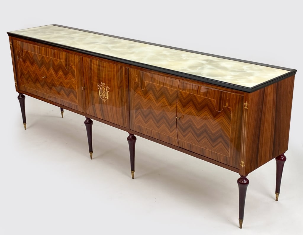 RARE ITALIAN ROSEWOOD SIDEBOARD ATTR. PAULO BUFFA: Very rare long sideboard with multiple inlays, glass top with a marble design. Circa 1950's. Attributed to Italian designer Paulo Buffa. Apparently unsigned. Includes (3) keys. Dimensions: H 35" x W 9