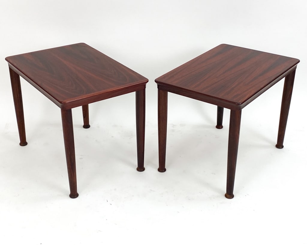 PAIR OF DANISH VEJLE STOLE ROSEWOOD SIDE TABLES: Both stamped to underside. Circa 1960's. Dimensions: H 19.5" x W 25.5" x D 17.5" Condition: Very minimal surface wear including scratches, scuffs to corners of one table. JE016