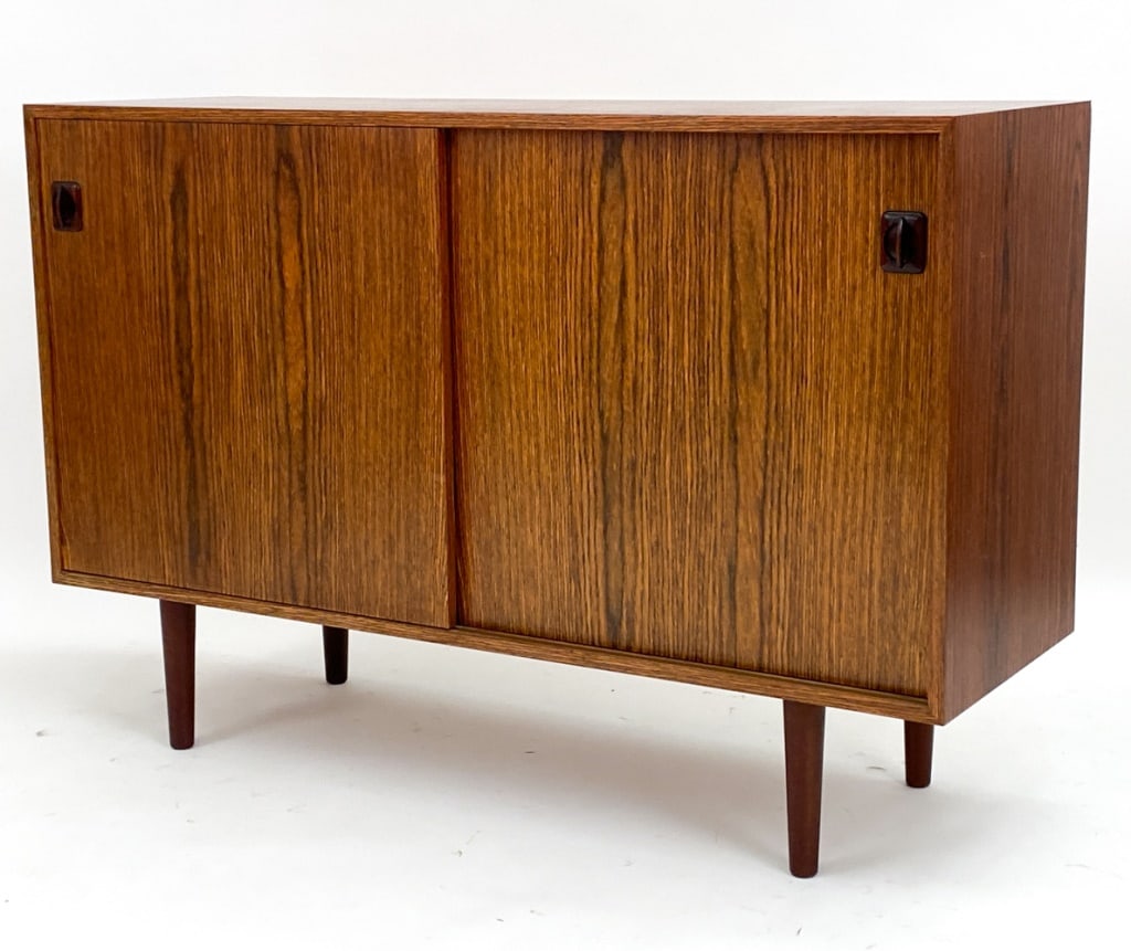 DANISH ROSEWOOD CABINET, CIRCA 1960'S: Unmarked. Dimensions: H 31.75" x W 47.5" x D 15.75" Condition: Couple of naturally forming splits to top. Light surface wear including to shelves. JE143