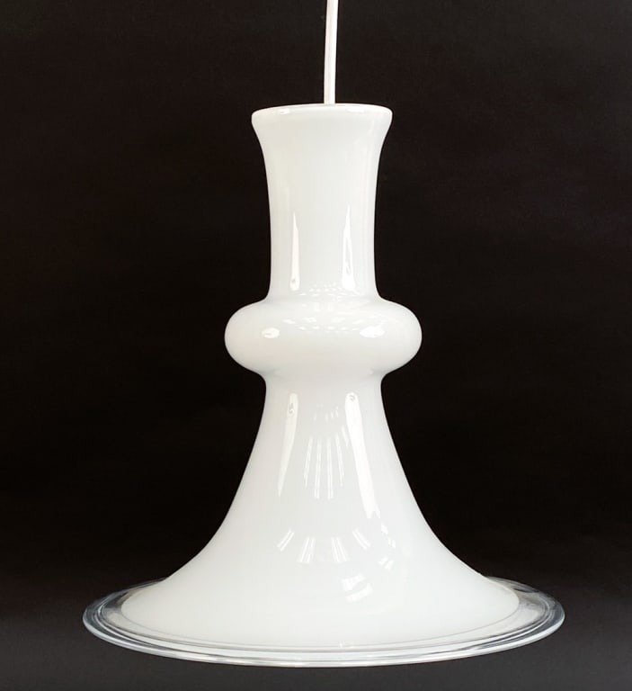 DANISH HOLMEGAARD GLASS PENDANT LIGHT, C. 1970'S: Holmegaard label inside top rim. Dimensions: (Fixture) H 11.25" x Dia 11" Condition: Untested, No issues to note. JE075