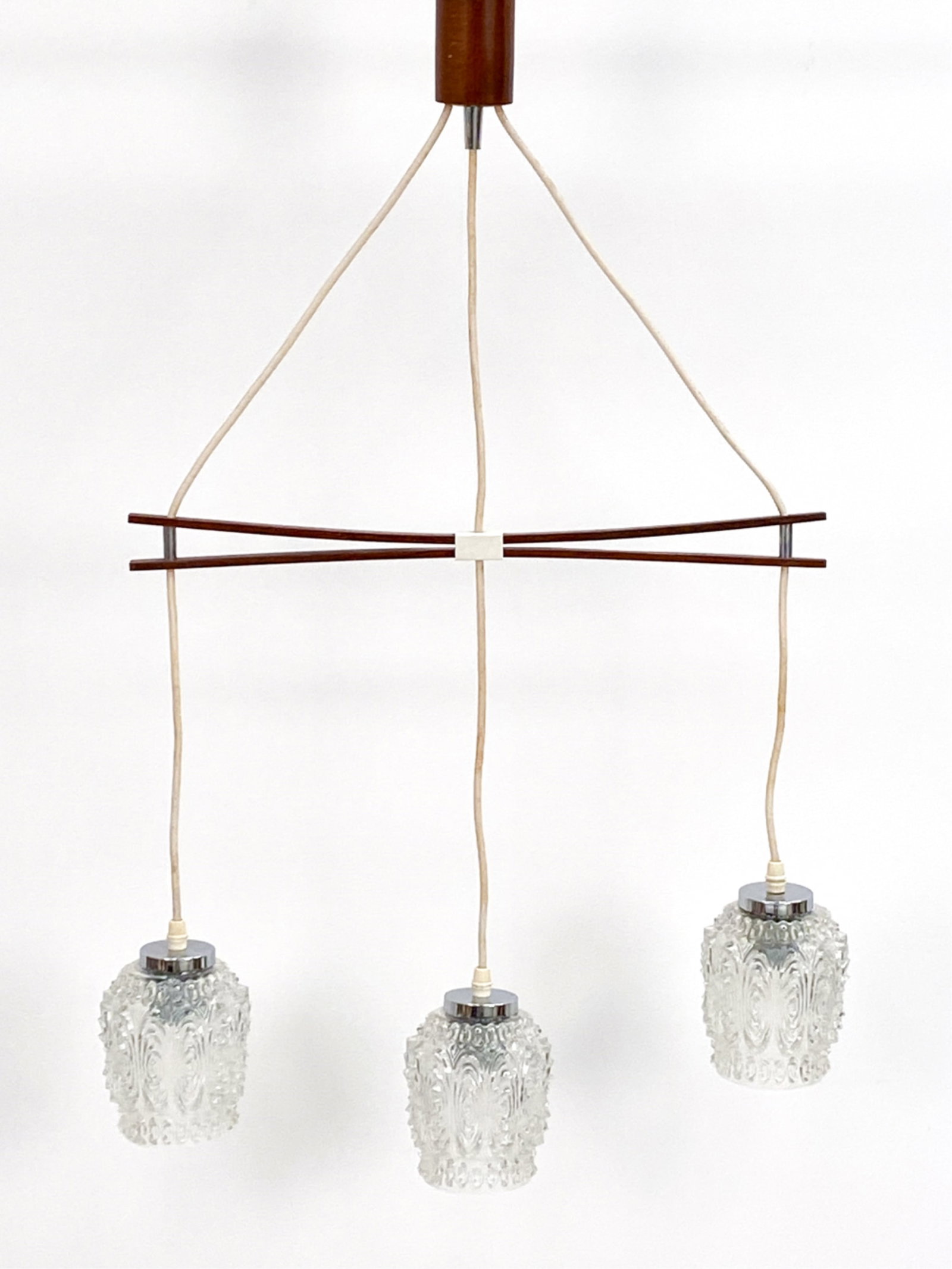 DANISH TEAK & GLASS CHANDELIER C1960'S: Artichoke form glass bulbs. Teak wood. Dimensions: H (to ceiling cap) 35" x W 20.25" (Bulbs) H 5.75" x Dia 4.5" Condition: Soiling to wires. Minor scuffs and marks to teak panels. Untested. PJ183