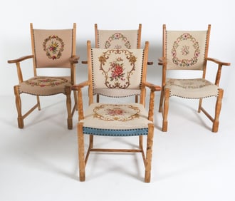 (4) DANISH OAK & NEEDLEWORK DINING ARMCHAIRS