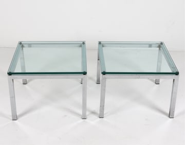 PAIR OF CHROME & GLASS SIDE TABLES