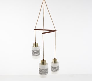 TRIPLE GLASS & TEAK PENDANT CHANDELIER C.1960'S