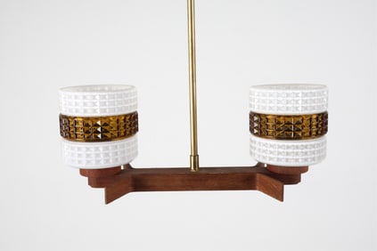 DANISH TEAK & GLASS PENDANT CHANDELIER C.1960'S