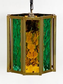 DUTCH BRUTALIST BRASS & GLASS PENDANT LIGHT 1970S
