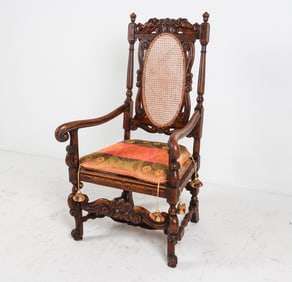 ANTIQUE CARVED OAK & CANE ARMCHAIR 19TH C.