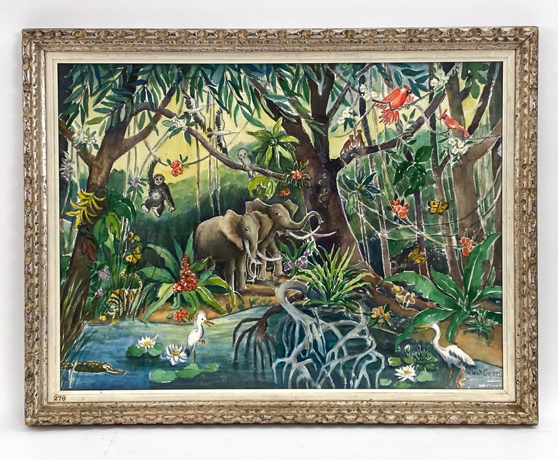 NINA KICKBUSCH GRIFFIN (1884-1968) WATERCOLOR: Watercolor of a jungle scene with animals including elephants, cardinals, monkeys, swans, etc. Signed lower right. From the estate of the nephew of Nina Griffin. Dimensions: (Frame) H 26" x W 33.75" (