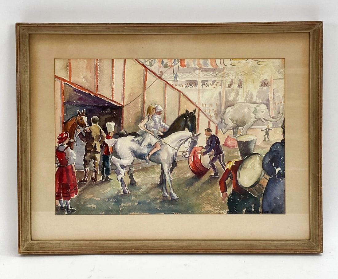 NINA KICKBUSCH GRIFFIN (AMERICAN, 1884-1968): Watercolor on paper. Signed lower right. Titled "Circus" on verso. From the estate of the nephew of Nina Griffin. Dimensions: (Frame) H 19" x W 25.25", (Sight) H 13.5" x W 19.5" Condition: Toning to m