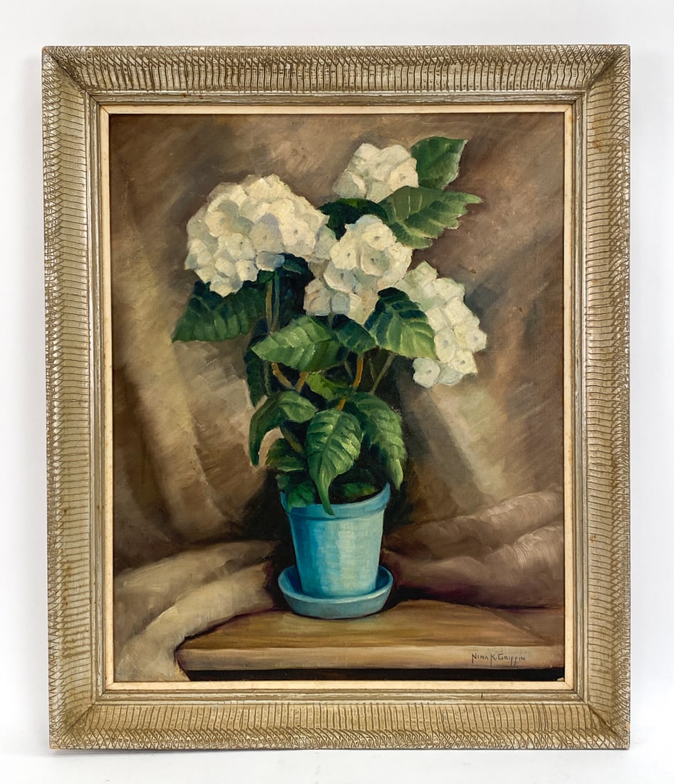 NINA KICKBUSCH GRIFFIN (1884-1968) STILL LIFE O/C: Still life of white hydrangeas in a vase. Signed lower right and titled verso "White Hydrangeas". From the estate of the nephew of Nina Griffin. Dimensions: (Frame) H 35.75" x W 29.5" (Canvas) H 30.25