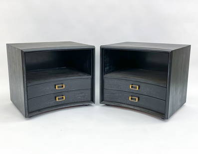 PAIR PAUL FRANKL FOR JOHN STUART NIGHT STANDS: Concave and ebonized. With labels inside of drawers (One detached). Dimensions: H 21.5" x W 24" x D 20" Condition: Couple light marks consistent with normal use.