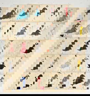 GROUPING OF PIERRE BALMAIN (1914-1982) DRAWINGS: Grouping of fashion illustrations by Pierre Balmain. Some with pieces of fabric pined onto paper. All numbered in top corners. Dimensions: (Larger) L 12" x W 9.5" Condition: Age toning to papers. Few