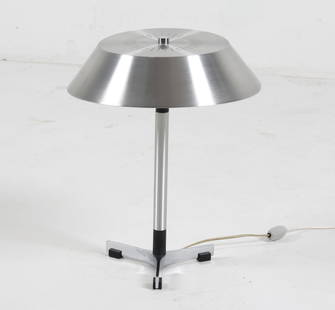 JO HAMMERBORG 'PRESIDENT' TABLE LAMP: For Fog & Morup. Aluminum shade with chrome steel base. Painted wooden accents. Denmark, circa 1960's. Dimensions: H 18" x Dia. 14.5". Condition: Minor losses to painted wooden accents. Few scuffs and