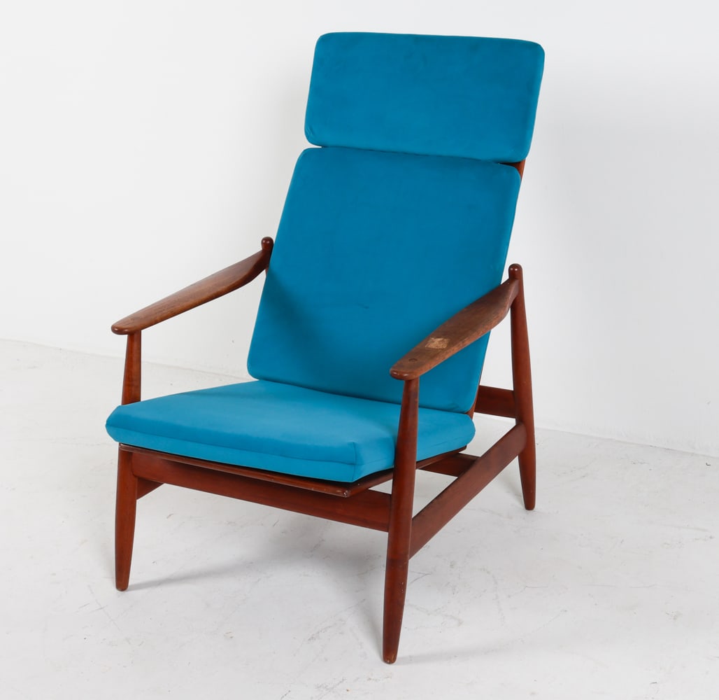 FREM ROJLE DANISH TEAK LOUNGE CHAIR C.1960'S: With blue velour seat cushion. Signed underneath on stretcher bar. Dimensions: H 38.75" x W 26" x D 33" x SH 16". Condition: Wear consistent with age and use. Scattering of scuffs and dings to the arm