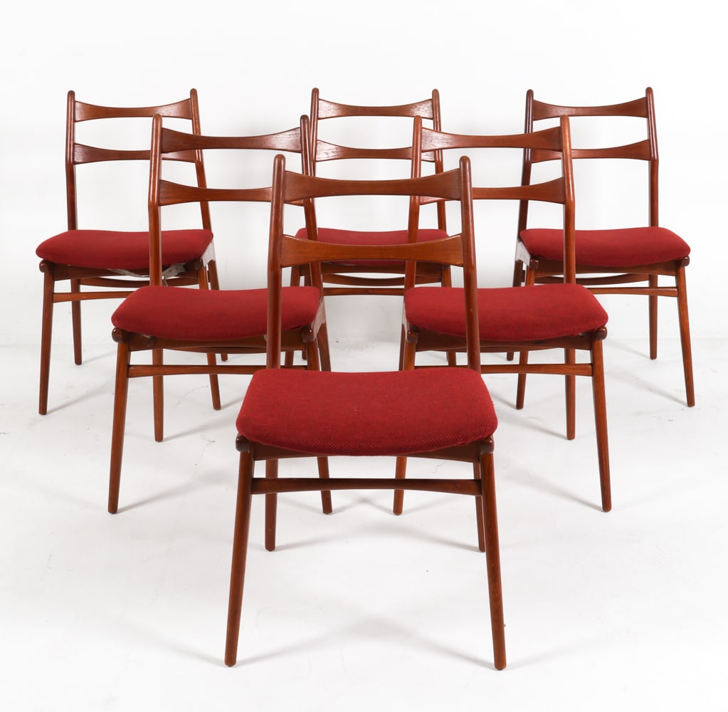 (6) HABEO 'BOOMERANG' TEAK & WOOL DINING CHAIRS: Tags under seats. Germany, circa 1960's. Dimensions: H 30.5" x W 17" x D 21" x SH 17". Conditions: Presents well overall, a scattering of dings and rubs to legs, wear consistent with age and use. PER 