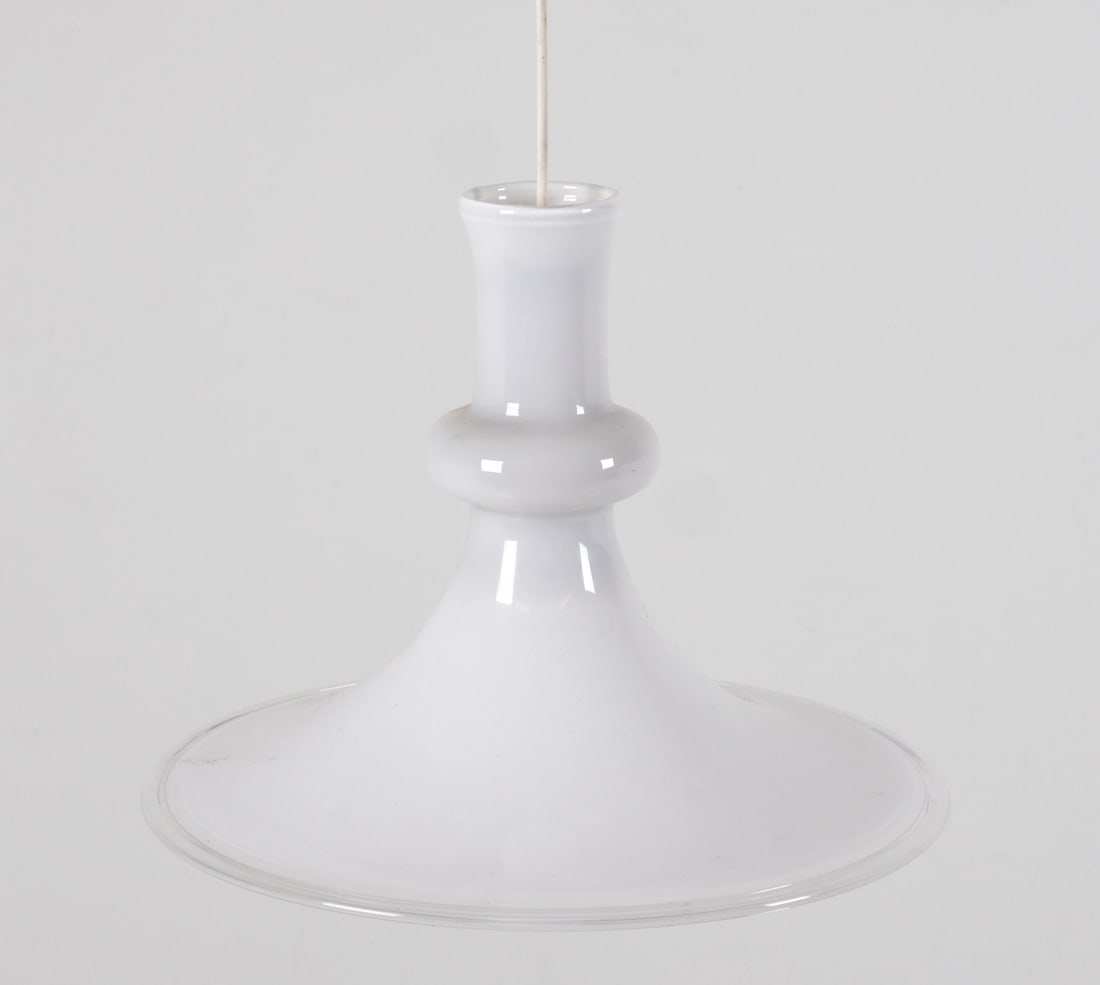 HOLMEGAARD ETUDE GLASS PENDANT LIGHT C. 1970'S: Designed by Michael Bang. White Opal glass. Dimensions: H 12" x Dia 15.25" Condition: Minor surface soiling. Untested. Wear consistent with age and use. PER C115