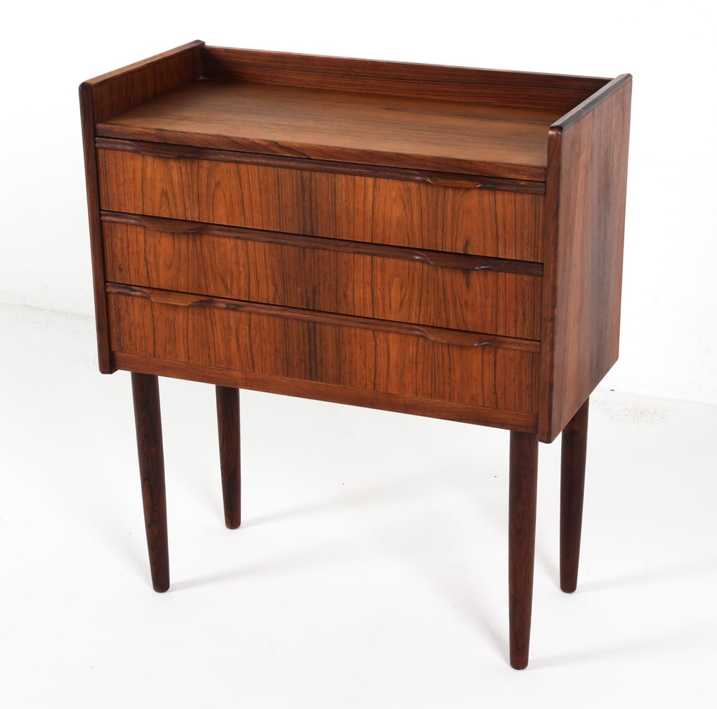 DANISH ROSEWOOD NIGHTSTAND CHEST C. 1960'S: Dimensions: H 27" x W 23.5" x D 11.5". Conditions: Light surface wear consistent with age and use. PER C040