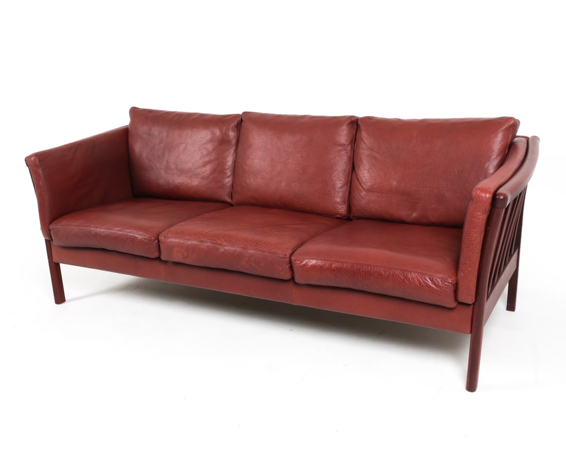 DANISH BEECH & LEATHER SOFA C. 1970'S: Dimensions: H 29.75" x W 78.5" x D 32" x SH 16.75". Condition: Few scuffs and rubs to beech wood. Wear consistent with age and use. PER C173