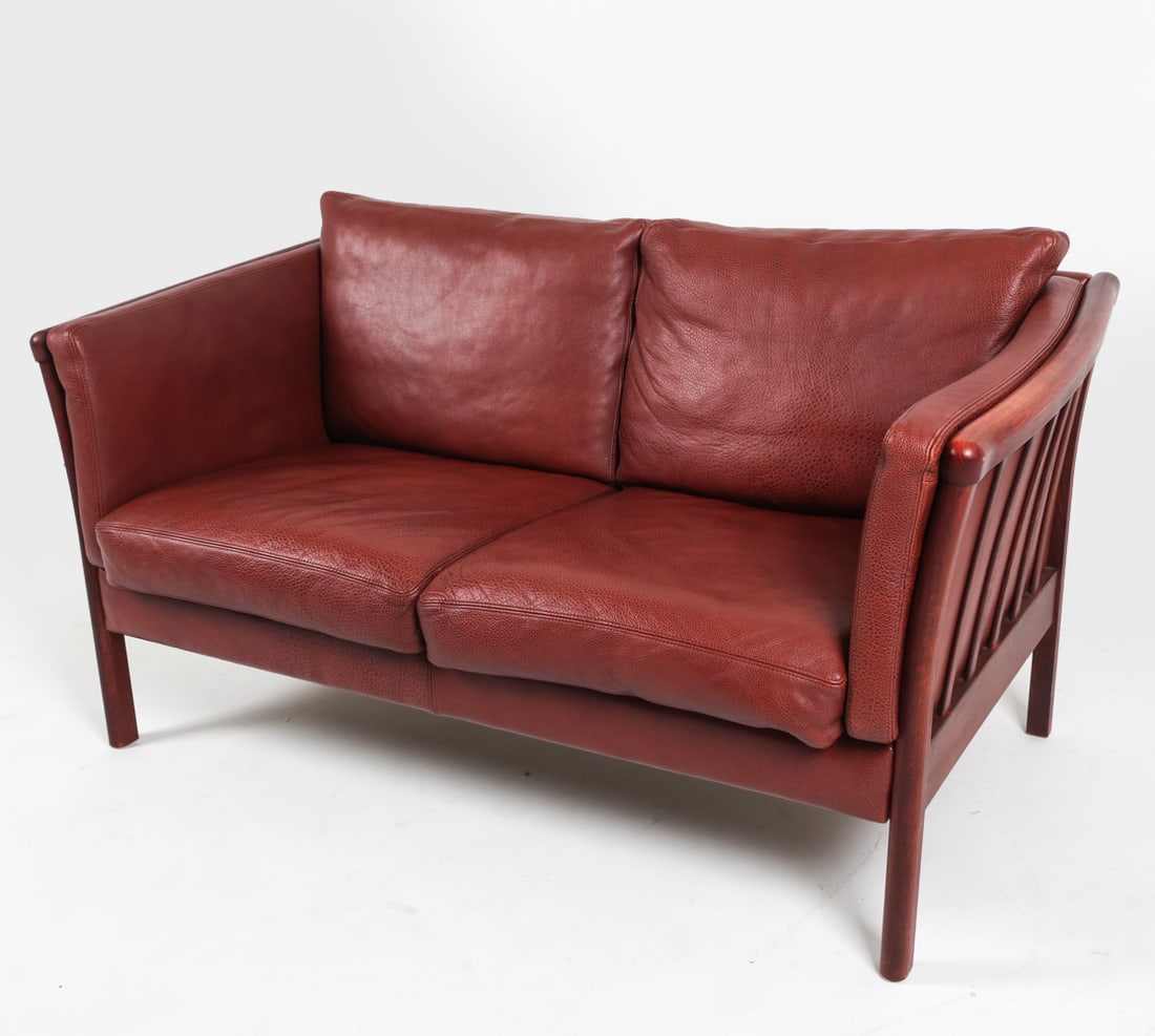 DANISH BEECH & LEATHER SOFA C. 1970'S: Dimensions: H 31" x W 58" x D 31" x SH 17". Condition: Few light scuffs to beech wood, wear consistent with age and use. PER C172