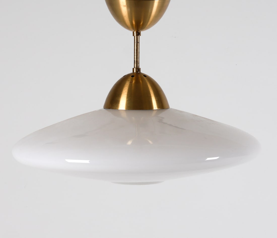DANISH BRASS & GLASS SAUCER PENDANT LAMP: Danish. Circa 1960's Dimensions: H 12" x Dia 17" Condition: Minor nicks and scuffs on underside glass edges. Untested Wear consistent with age and use. PER C121