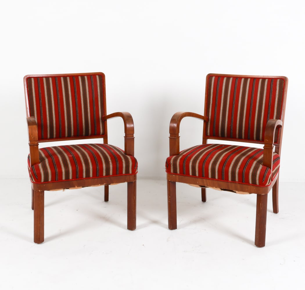 PAIR OF DANISH WALNUT LOUNGE CHAIRS C.1960'S: Fabric upholstered seats. Dimensions: H 33.5" x W 22.5" x D 25.25" x SH 17". Condition: A few faint spots of soiling to seat, a few scattered dings and rubs to arms and legs, minor fraying to seat.