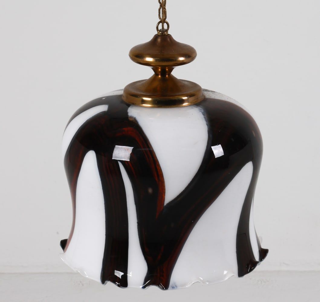 DANISH ART GLASS PENDANT LIGHT C. 1970'S: Brass ceiling cap. Ruffled outer edges on glass shade. Dimensions: H 15" x Dia 12.25" Condition: Untested, Slight nicks to edges. Minor tarnishing to brass tone metal cap. Wear consistent with age and