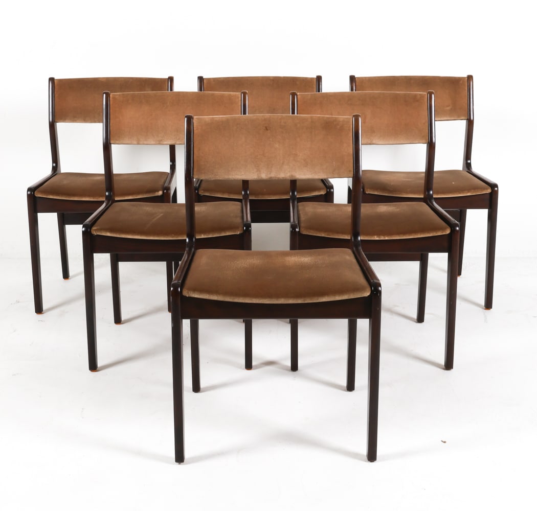 (6) FARSTRUP DANISH BEECH & VELOUR DINING CHAIRS: Tags under seats. Dimensions: H 31.75" x W 18.75" x D 19" x SH 17.25" Conditions: Minor fading velour on seatbacks. Few faint rubs and dings to legs, wear consistent with age and use. PER C014