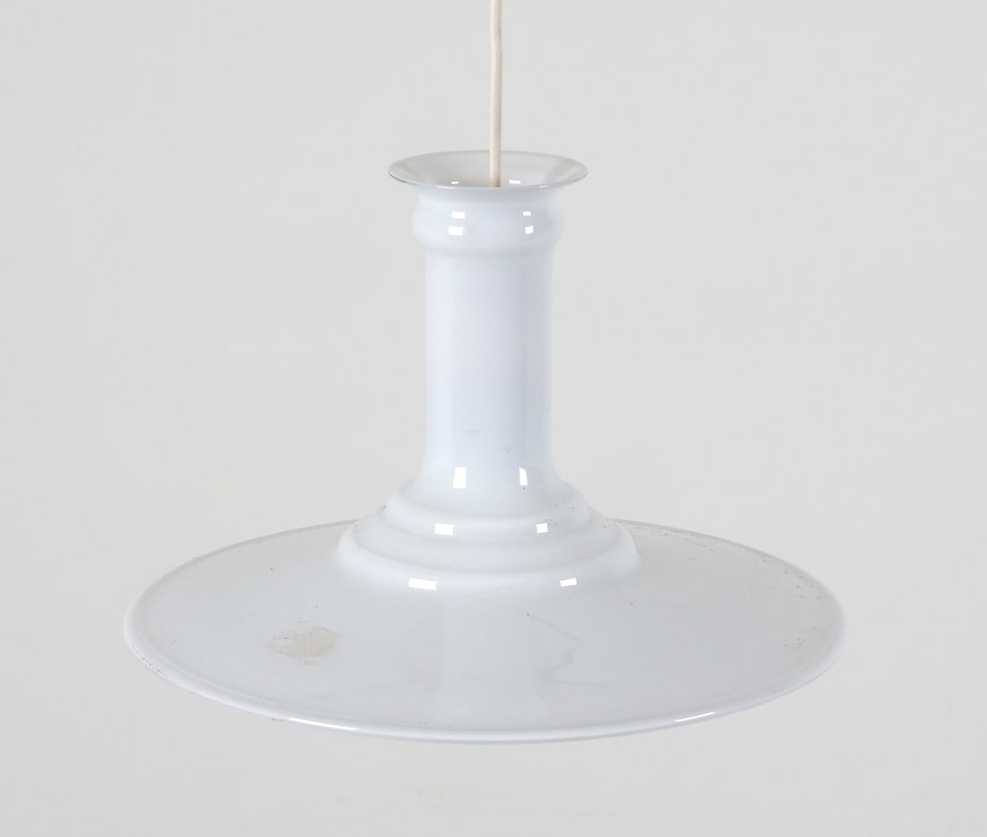 HOLMEGAARD 'MYTHOS' GLASS PENDANT LIGHT C.1980'S: Designed by Sidse Werner. Denmark. Dimensions: H 9.75" x Dia. 13". Condition: Wiring untested. Minor surface soiling, some old adhesive to glass. Wear consistent with age and use. PER C112