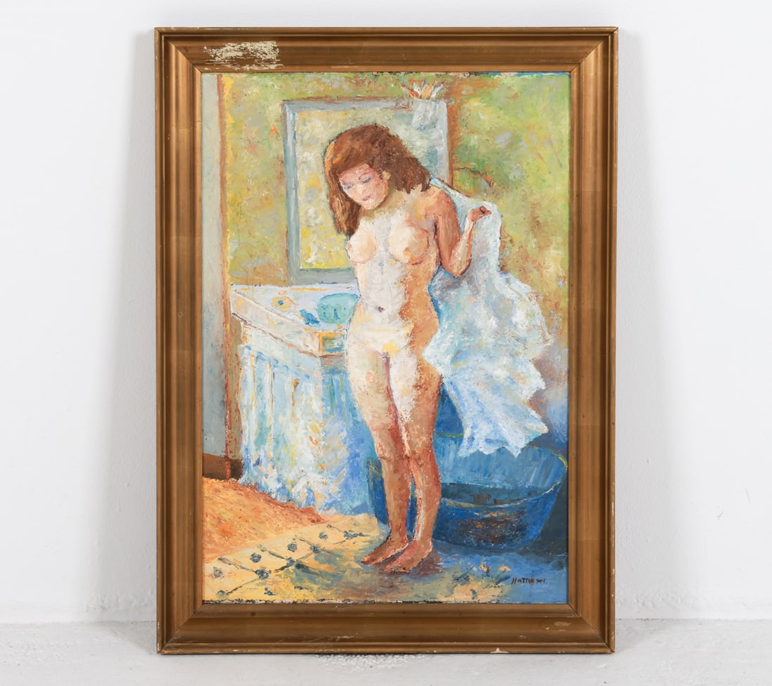 HATTLE IVERSEN (DANISH) IMPRESSIONIST NUDE O/C: Signed indistinctly to corner. Signed on verso. Frame; H 29.25" x W 21.5" Canvas: H 24.75" x W 18" Condition: Moderate loss to gilt frame, with scattered marks and nicks on edges. Wear consistent with