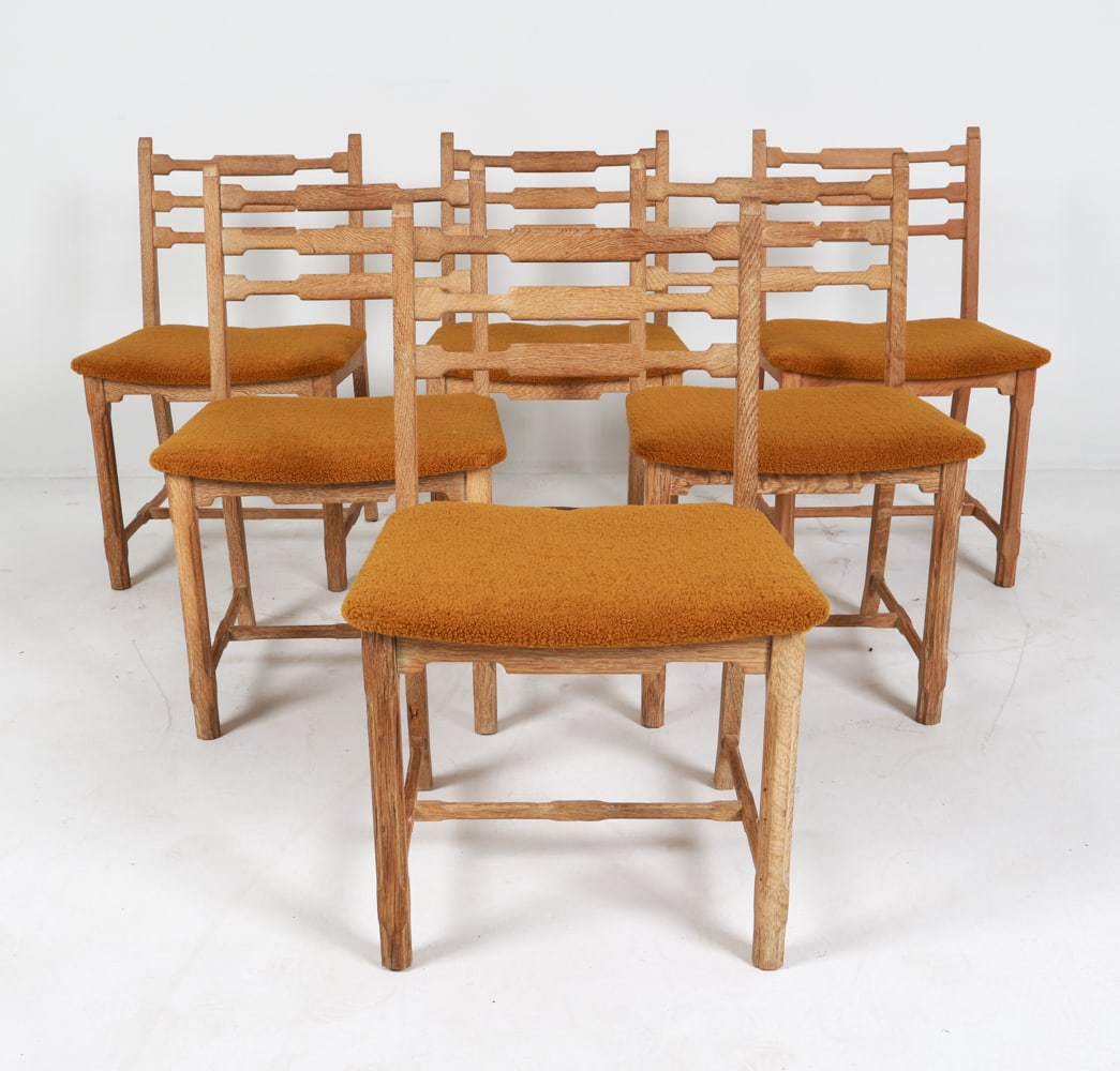 (6) VAMO DANISH OAK DINING CHAIRS C. 1970'S: Signed under seat. Boucle wool fabric upholstered seats. Dimensions: H 33" x W 18.5" x D 17" x SH 18.25". Condition: Minor scuffs and rubs, some faint water marks on sides of legs. Wear consistent wit