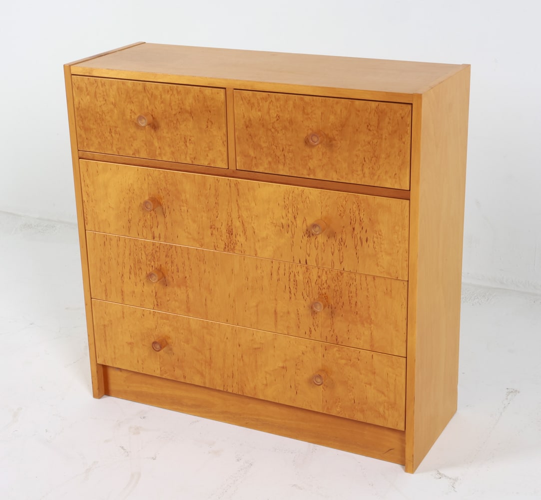 AALTO STYLE BEECH & MAPLE CHEST OF DRAWERS C.1980S: Maple veneer drawer fronts. Denmark. Dimensions: H 29.5" x W 30" x D 11". Condition: Wear consistent with age and use.