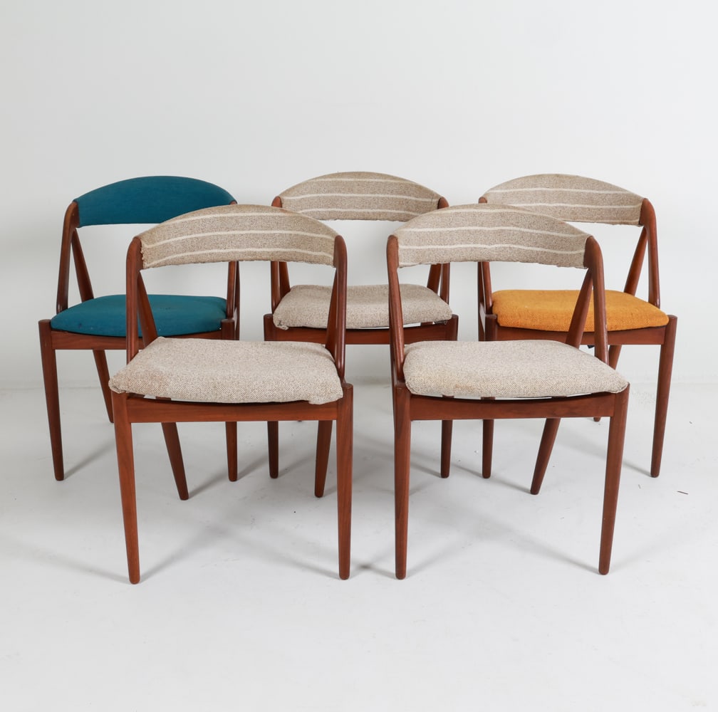 (5) KAI KRISTIANSEN 'MODEL 31' TEAK DINING CHAIRS: Wool upholstery in different tones. Danish, circa 1970's. Dimensions: H 29.5" x W 19.75" x D 18.25" x SH 17.75". Condition: Some signs of wear, small tears to wool upholstery. Minor scuffs and dings t