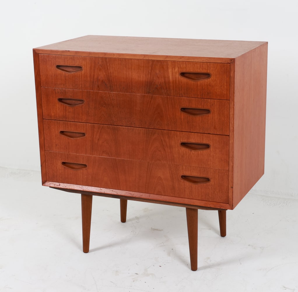 ERIK BUCH DANISH TEAK CHEST OF DRAWERS: For Orum Mobler. Stamped on back. Dimensions: H 33.25" x W 31.5" x D 17.75". Condition: Few scuffs, thin scratches, small dings. Wear consistent with age and use. G087