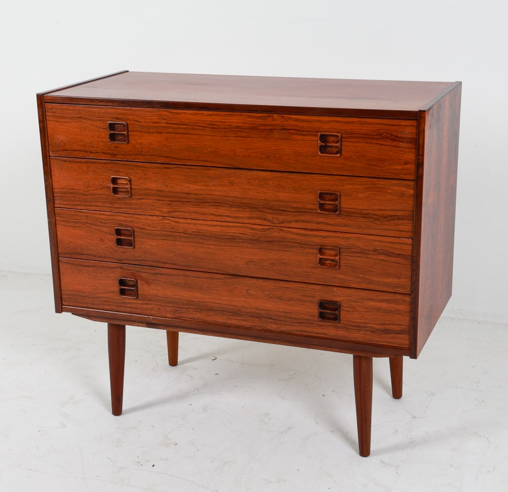 DANISH ROSEWOOD CHEST OF DRAWERS C. 1970'S: Dimensions: H 32.75" x W 35.5" x D 16.5". Condition: Few scratches on top. Drawers move with slight stiffness. Wear consistent with age and use. G192