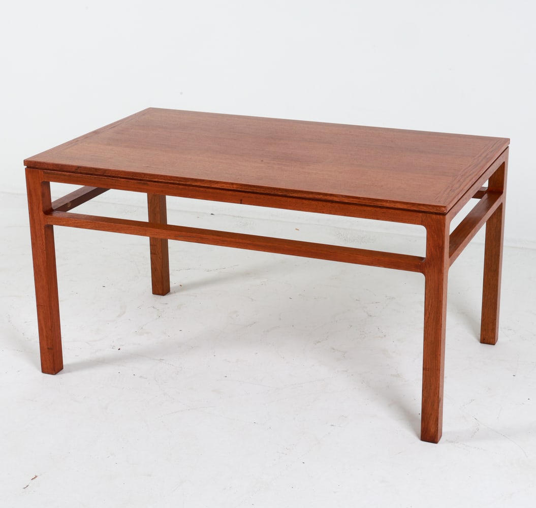 ILLUMS BOLIGHUS DANISH COFFEE TABLE C. 1960'S: Masur birch coffee table. Designed by Svend Langkilde for Illums Bolighus. Tagged underneath. Dimensions: H 21.5" x W 39.5" x D 23.75".Condition: Few light scuffs and small dings. Wear consistent with