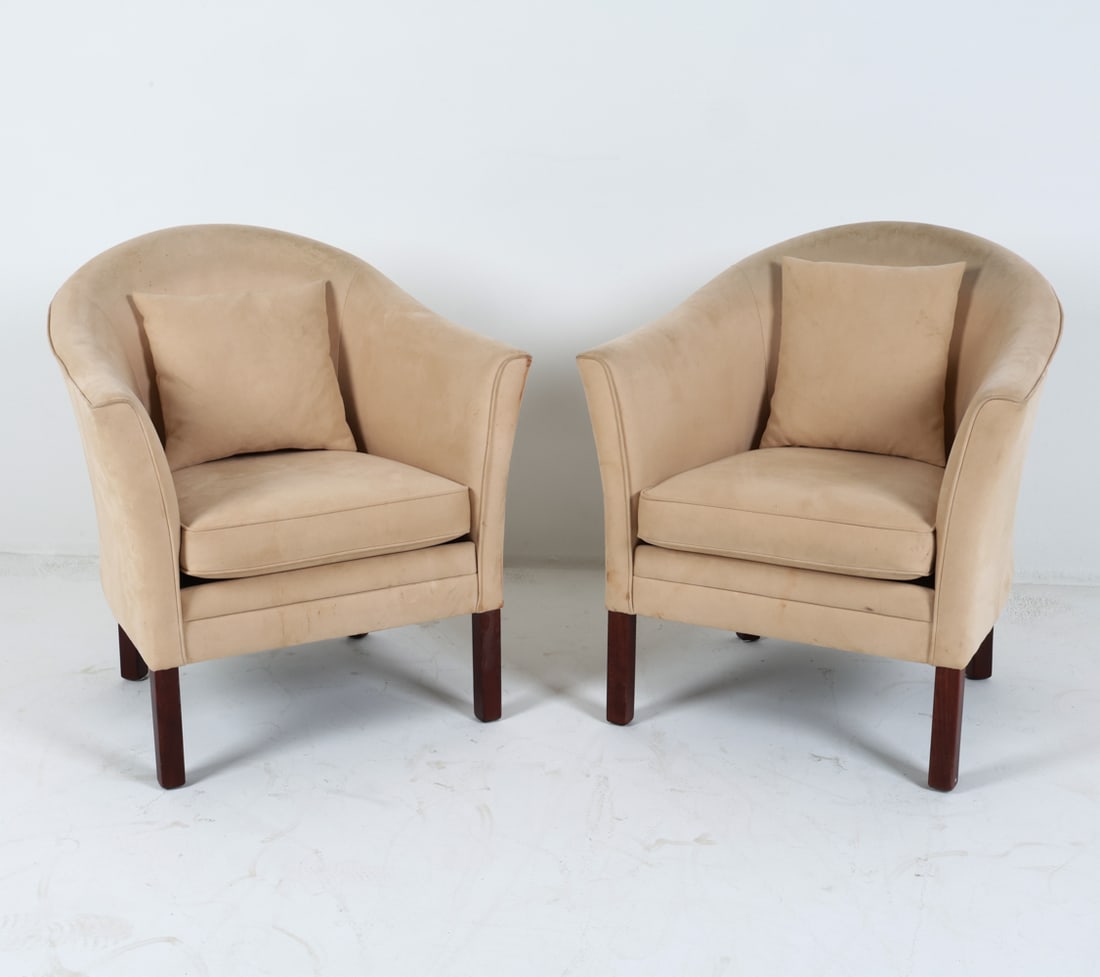 PAIR OF MOGENS HANSEN 'QUEEN' LOUNGE CHAIRS: Cream suede upholstery. Beech legs. Denmark, circa 1970's. Dimensions: H 32.5" x W 30" x D 24" x SH 18". Condition: Some discolored rubs and scuffs on ends and edges. G129