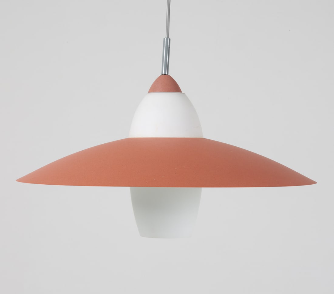 DANISH SAUCER PENDANT LIGHT C. 1970'S: From Massive. Steel shade. Dimensions: H 13" x Dia. 20". Condition: Wiring untested. Few scuffs and dings to finish underneath, on edges. Wear consistent with age and use. G016 Steel DK 1970