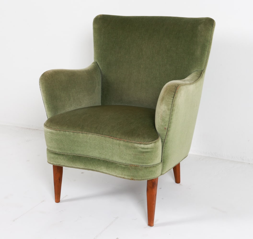 FRITZ HANSEN TEAK & MOHAIR COCKTAIL CHAIR C.1940'S (1 of 14)