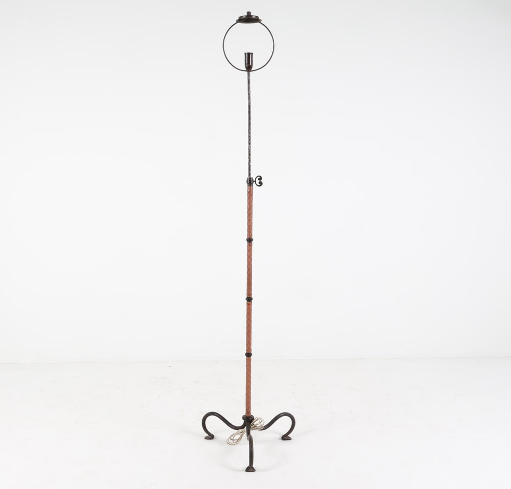 DANISH IRON & LEATHER WRAPPED FLOOR LAMP C.1950'S (1 of 11)