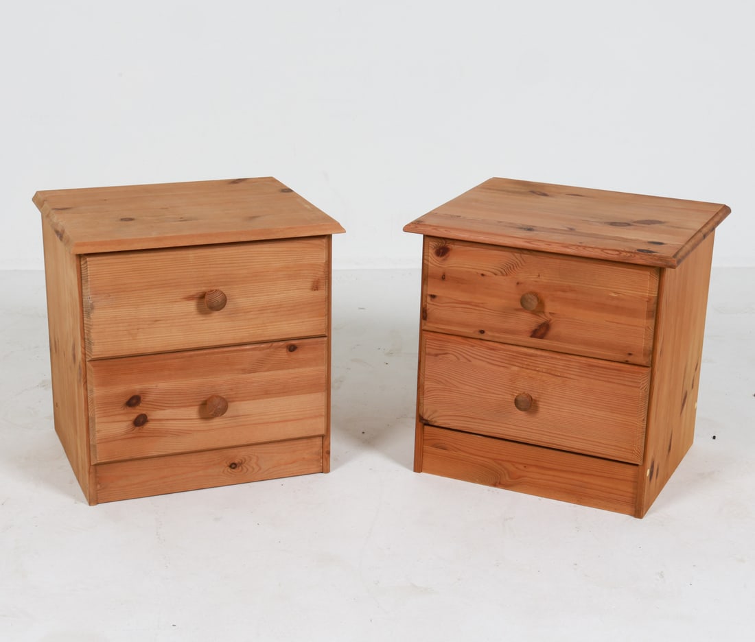 PAIR OF SWEDISH PINE NIGHTSTANDS C. 1970'S: Dimensions: H 17" x W 17" x D 14". Condition: Missing some screw cap covers. One is missing backboard. Minor surface soiling. Light scratches, small dings. Wear consistent with age and use. G093