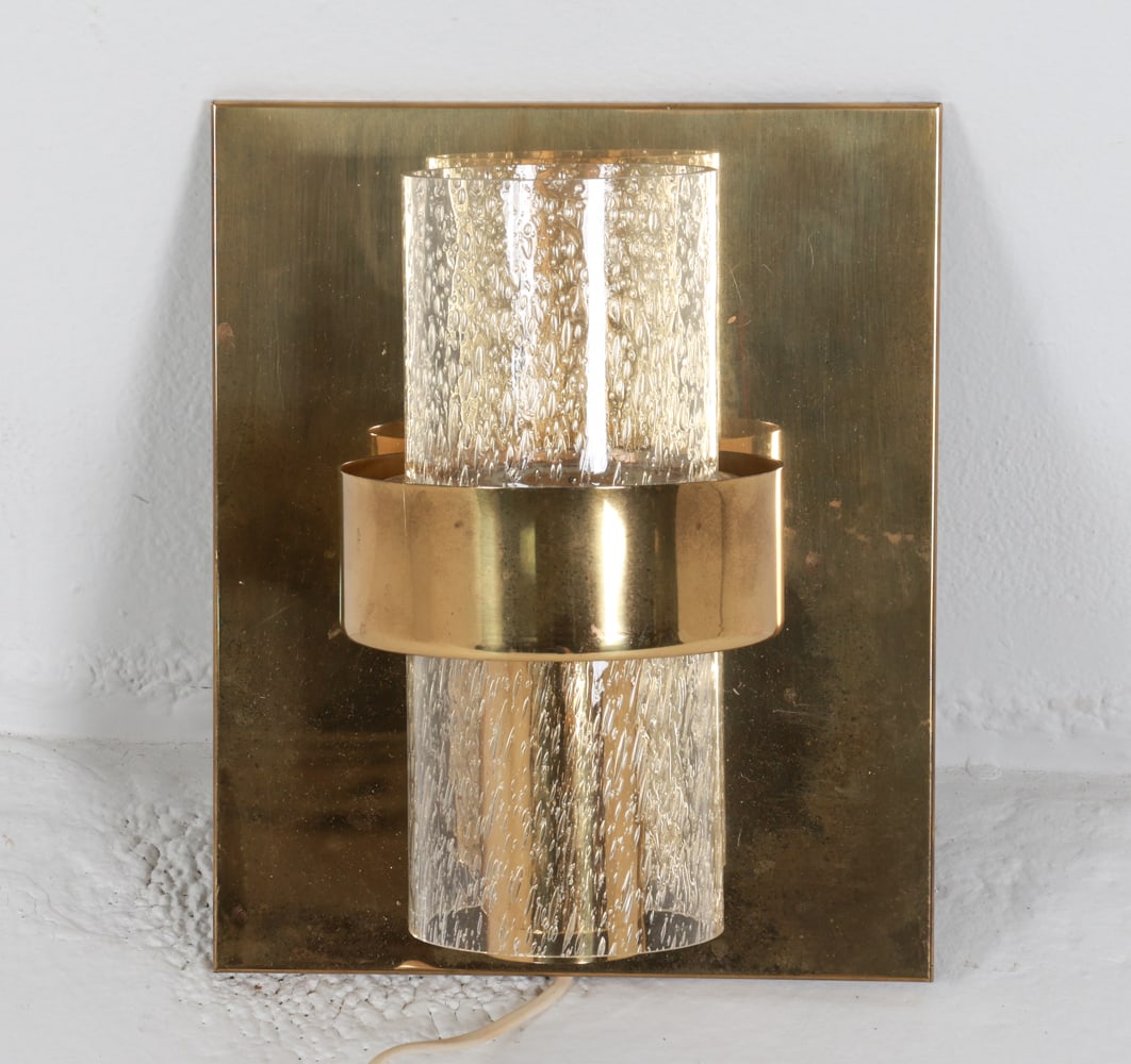 VITRIKA DANISH BRASS & GLASS WALL SCONCE C. 1960'S: For Orrefors. Dimensions: H 12" x W 9.75" x D 6.5". Condition: Wiring untested. Wear consistent with age and use. G020