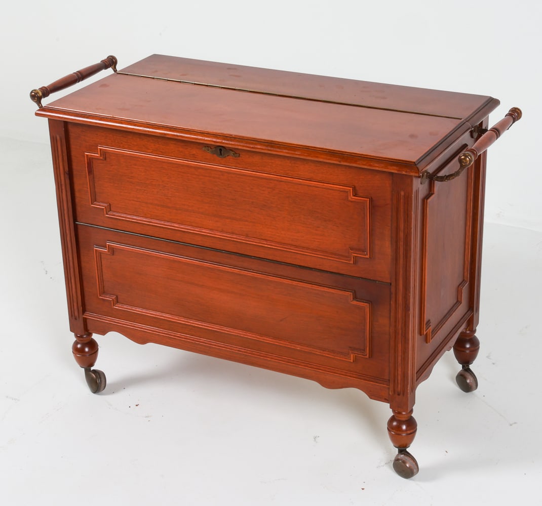 DANISH MAHOGANY & BRASS BAR CART: Cabinet unfolds to reveal mirrored surfaces. Bottle organizer and bucket inside. Dimensions: H 24" x W 34.5" x D 16". Condition: Ice bucket is missing bottom. Key not included. Few chips to glass. Oth