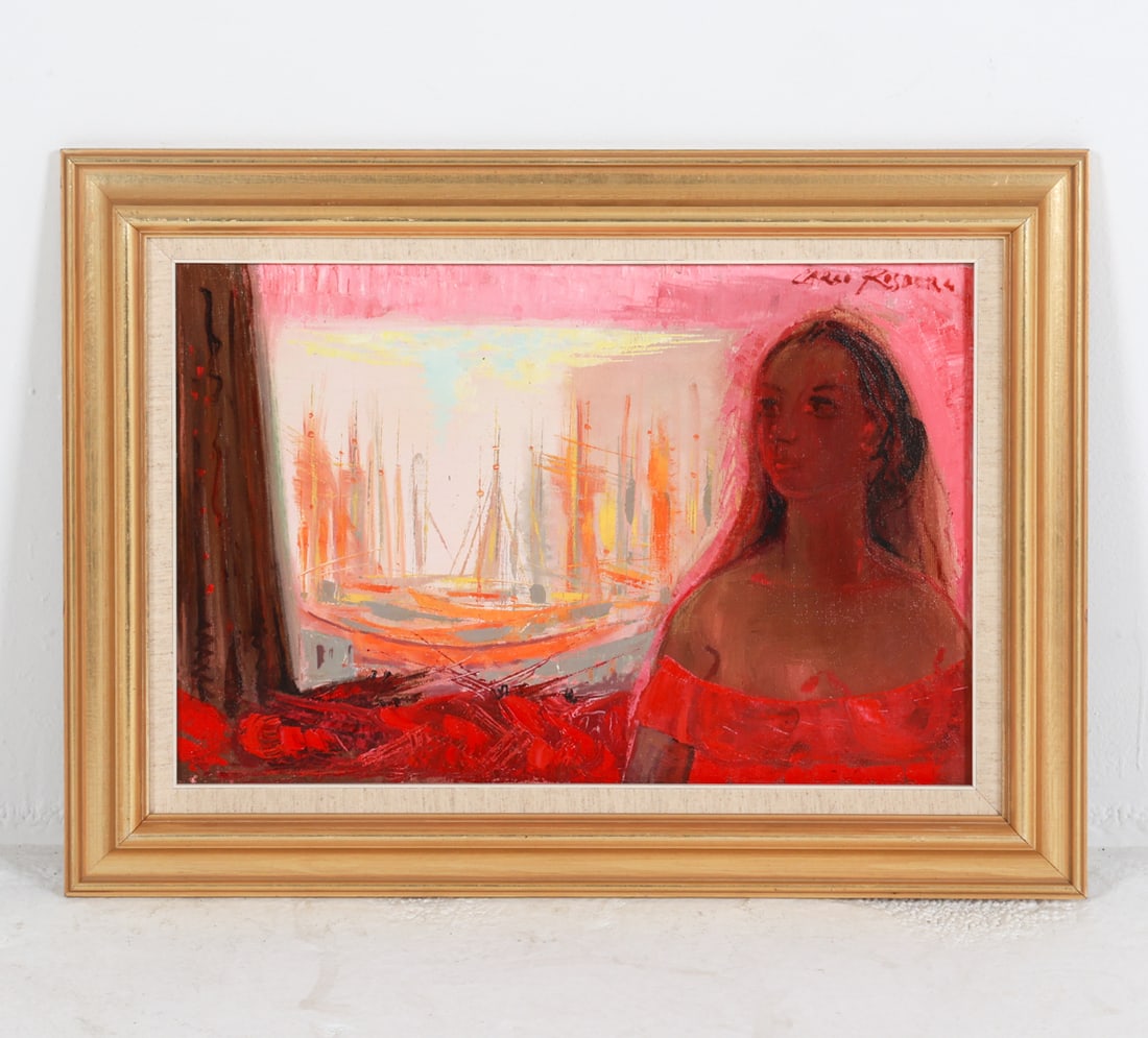 CARLO ROSBERG (DENMARK 1902-1994) PORTRAIT O/C: Signed by artist in upper right corner. Signed and dated on back of canvas, 1975. Titled 'Southern Harbor'. Dimensions: Frame H 22.5" x W 29.5". Canvas H 16" x W 24". Condition: Few scuffs and rubs to
