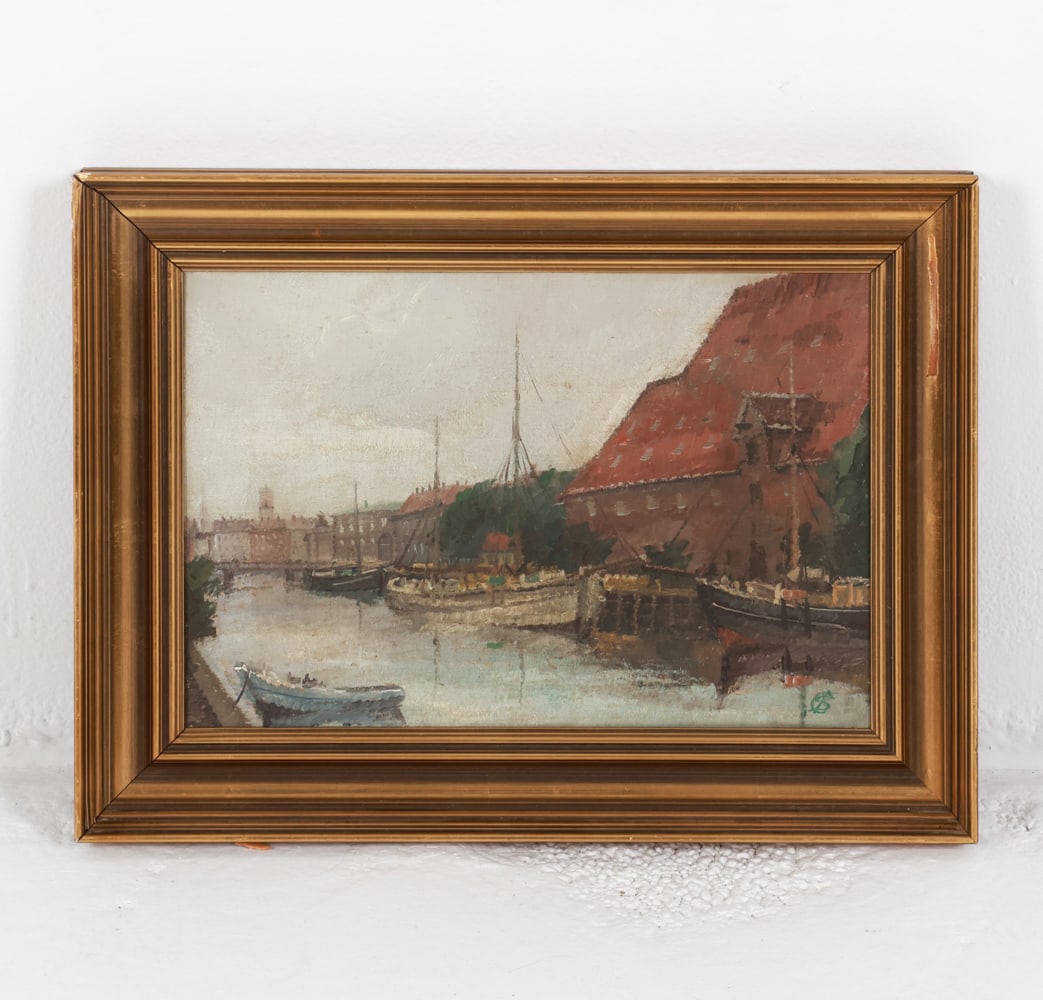 JENS S. CHRISTENSEN (DK 1888-1980) HARBOR SCENE: Signed by the artist in lower right corner. Tag on back with information about the artist. Oil on canvas. Dimensions: Frame H 13" x W 17.25". Canvas H 9.5" x W 13.75". Condition: Minor loss to frame f