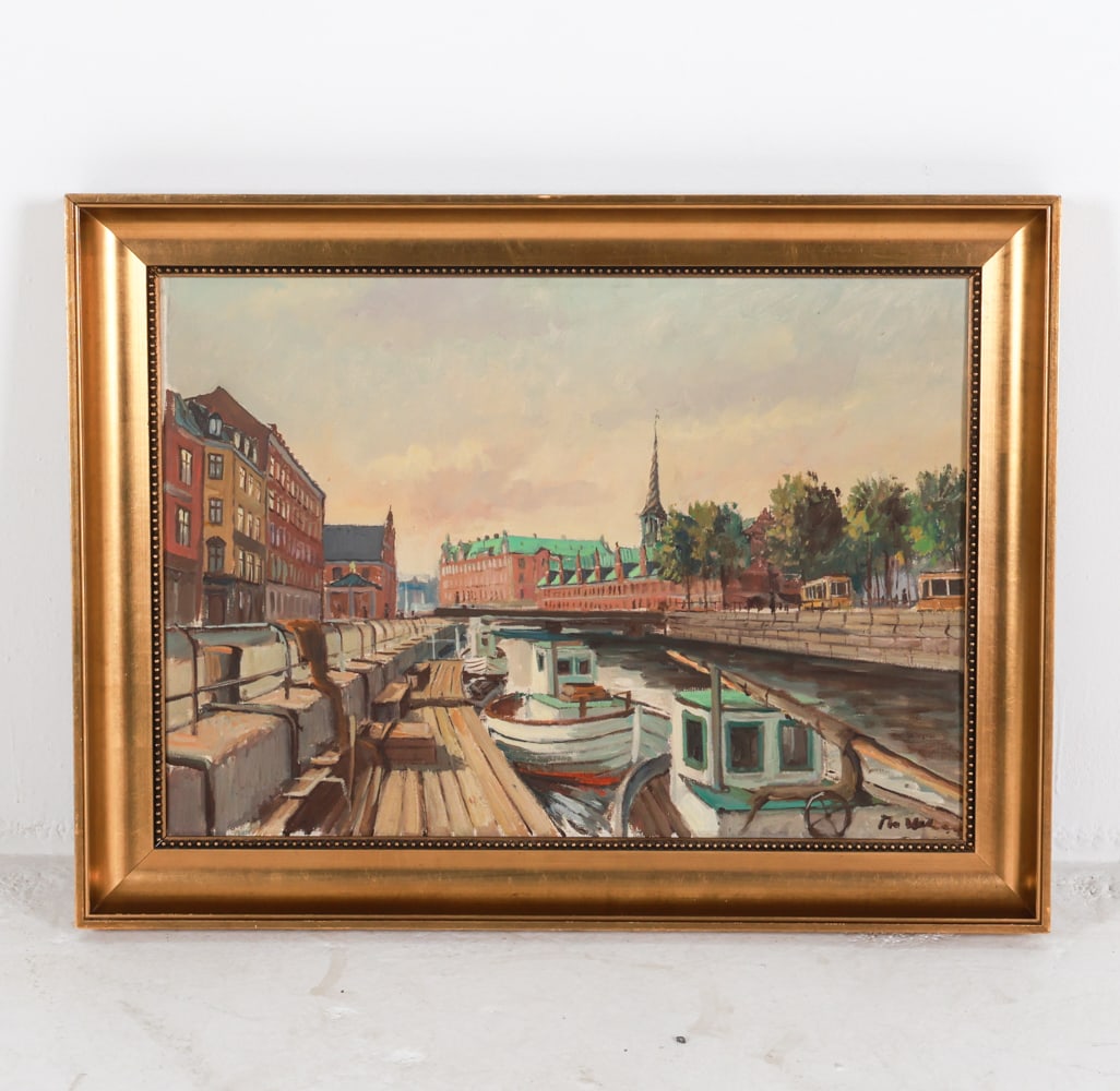 THEODOR ULRICHSEN (DENMARK 1905-1970) CANAL O/C: Signed by the artist in lower right corner. Dimensions: Frame H 24" x W 32". Canvas H 19" x W 27". Condition: Few scuffs and dings to frame finish. Wear consistent with age and use.