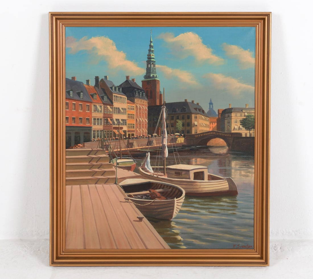 FREDERIK SVENDSEN (DENMARK 1885-1975) HARBOR O/C: Signed by artist in lower right corner. Dimensions: Frame H 28.75" x W 24.5". Canvas H 26" x W 22". Condition: Few scuffs and dings to frame. Wear consistent with age and use.